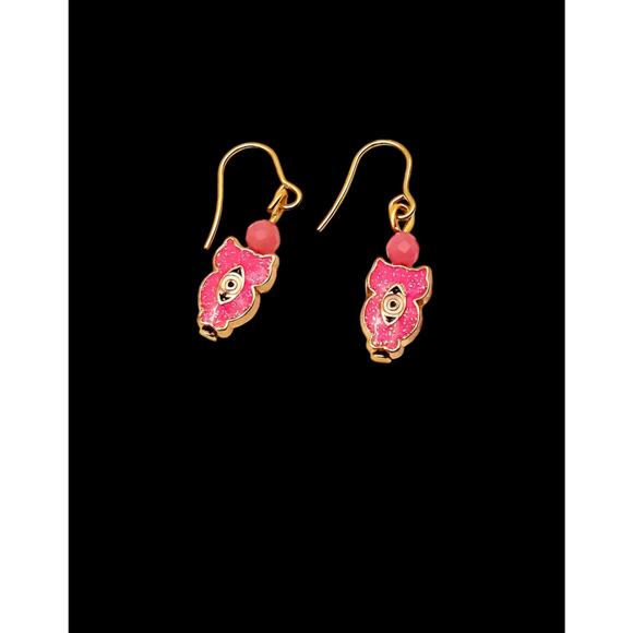 Pink Glitter Enamel Owl Earrings Evil Eye Drop Gold Plated Hook Wire Rose Quartz - Picture 4 of 6